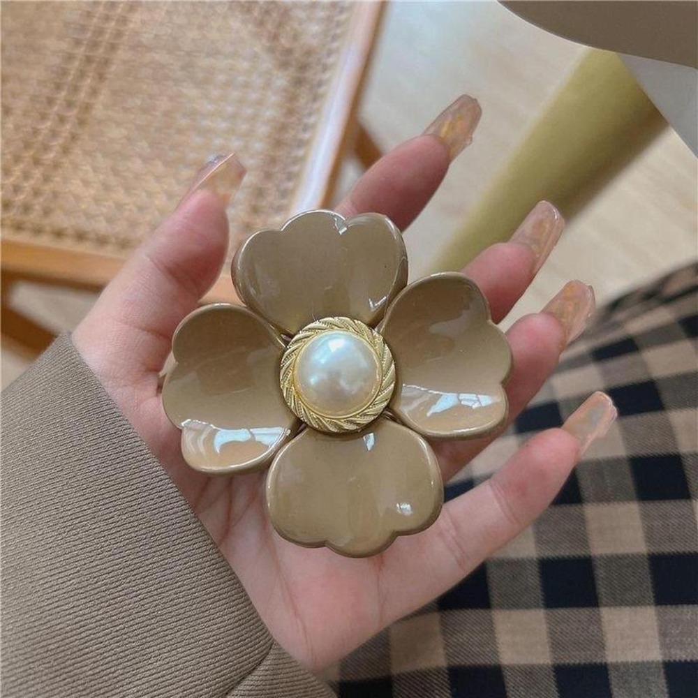 Tan Flower Hair Claw Clip Faux Pearl Gold Accent Floral Resin Accessory